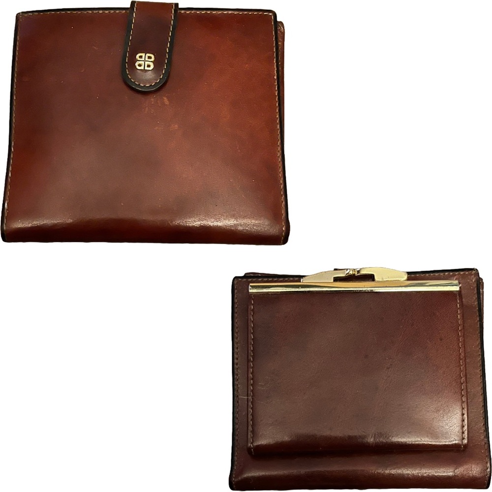 Bosca Hand Stained Hide Leather Wallet w/ Kiss Lock Closure Attached Coin Purse